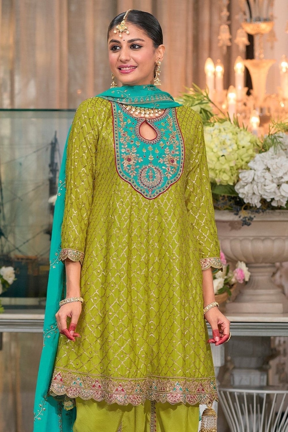 Lime Green Chinon Silk Kameez With Dhoti Suit For Indian & Pakistani Wedding Festival - Thread & Sequence Embroidery - close-up view