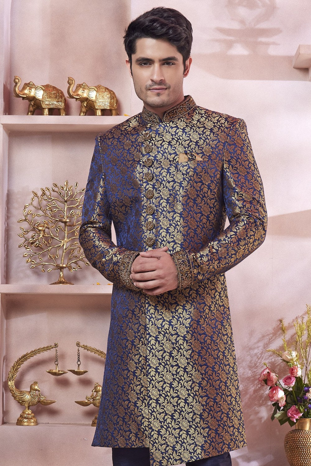 Navy Blue Banarasi Silk Indo Western Traditional Sherwani Long Kurta & Pant Suit for Men for Wedding - Jacquard Work, Embroidery Work - close-up view