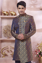 Navy Blue Banarasi Silk Indo Western Traditional Sherwani Long Kurta & Pant Suit for Men for Wedding - Jacquard Work, Embroidery Work - close-up view