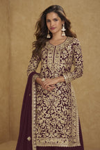 Embroidered Suit for Womens | Maroon Georgette Sequin Plazo Set - close-up view