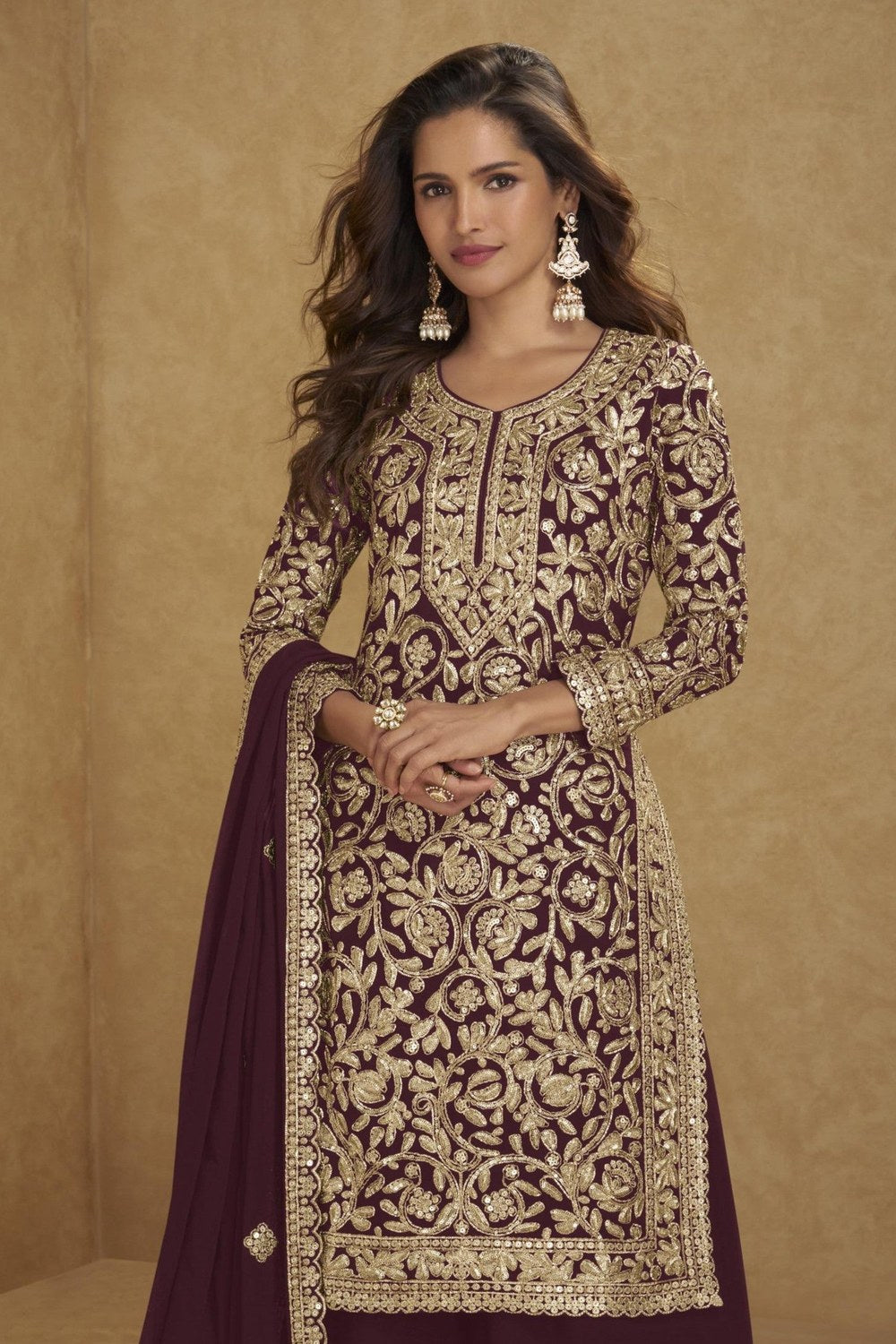 Embroidered Suit for Womens | Maroon Georgette Sequin Plazo Set - close-up view