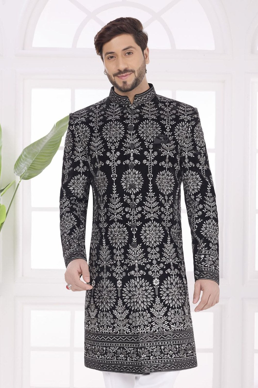 Black Velvet Sherwani Style Mens Kurta for Wedding & Pajama - Embroidery Work - close-up view