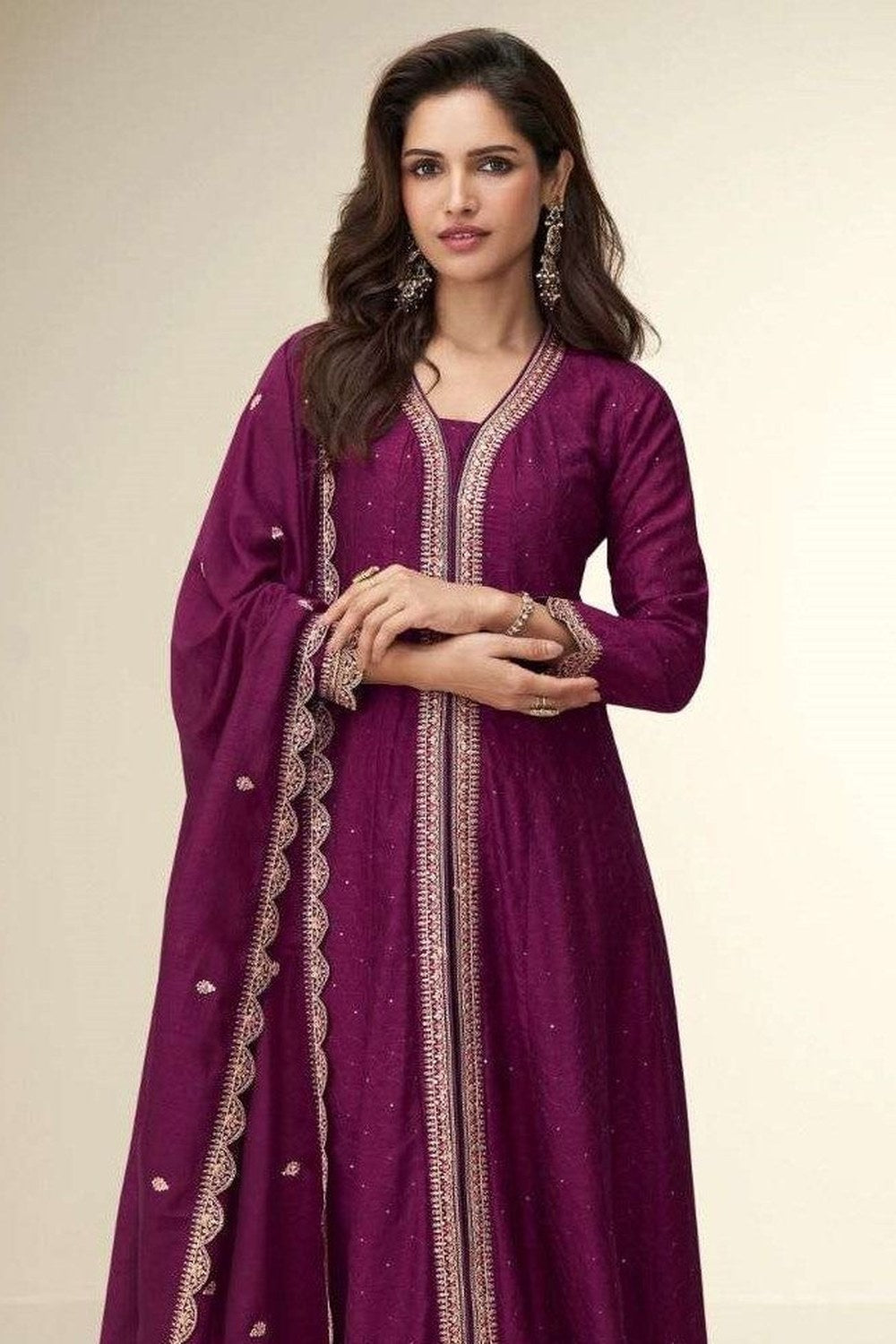 Plum Chinon Silk Thread & Sequin Work Designer Anarkali Suits - close-up view