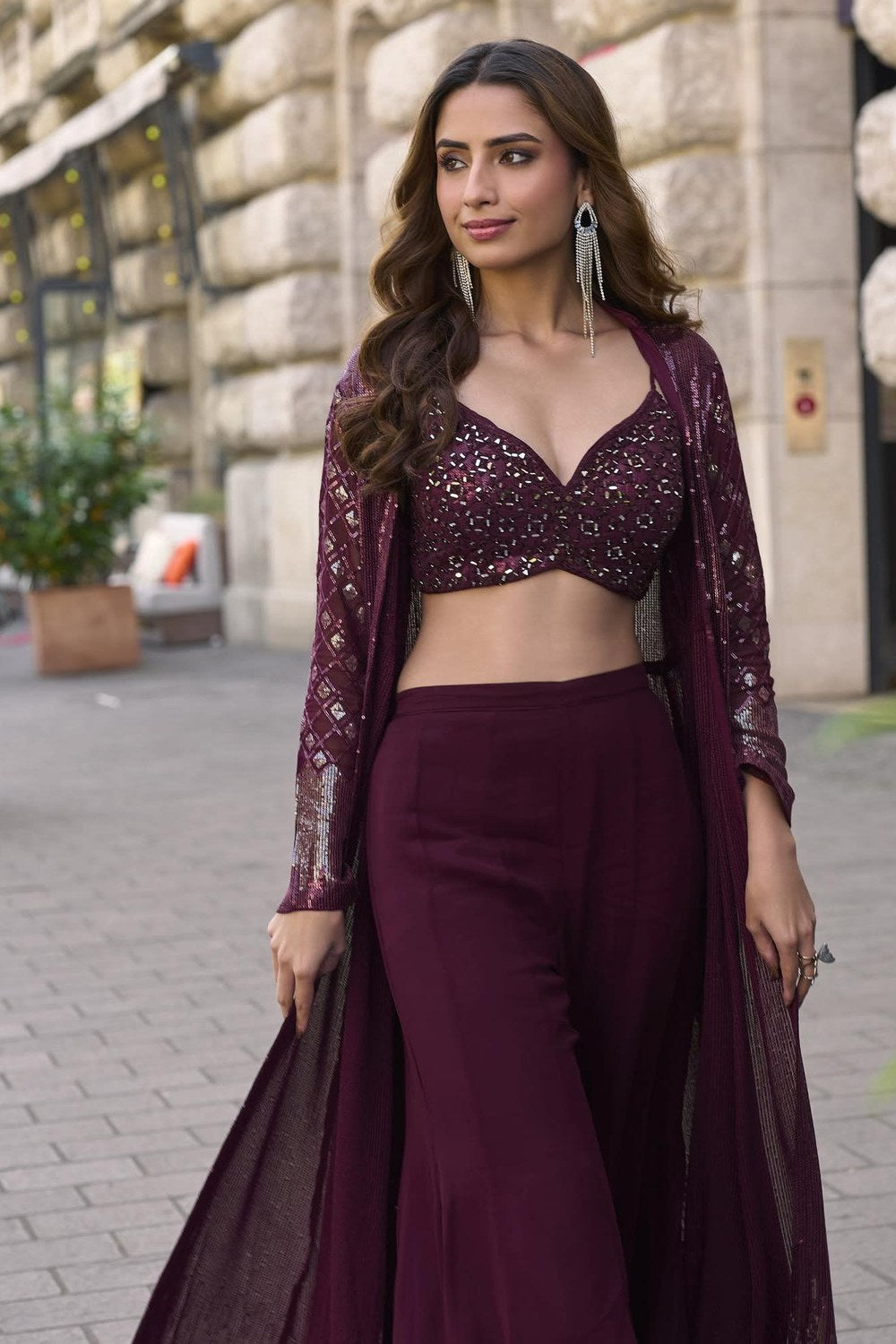 Wine Georgette Plazo Choli With Jacket For Indian & Pakistani Wedding Festival - Thread & Sequins Embroidery Work - close-up view