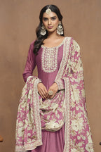 Rose Pink Art Silk Long Anarkali Punjabi Wedding Gowns Suit for Festival - Embroidery Work - close-up view