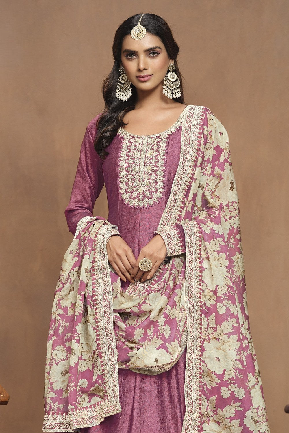 Rose Pink Art Silk Long Anarkali Punjabi Wedding Gowns Suit for Festival - Embroidery Work - close-up view