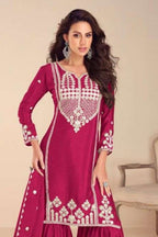Magenta Chinon Silk Sharara Suit For Indian & Pakistani Wedding Festival - Embroidery Work, Khatli Work - close-up view