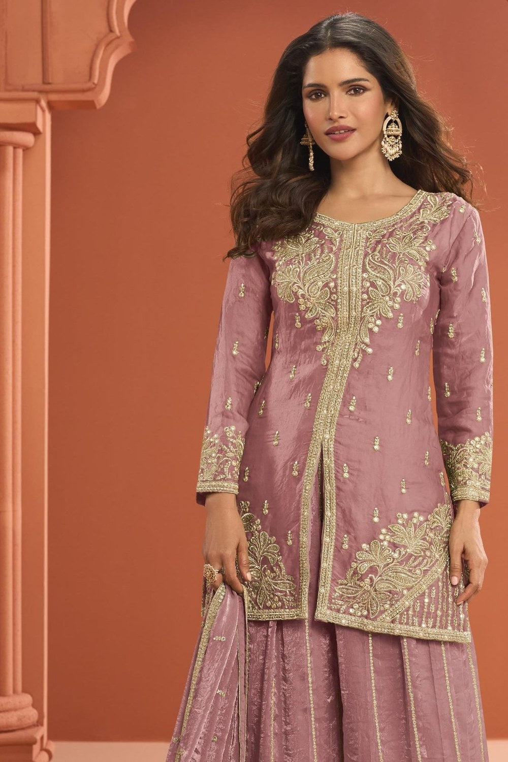 Pink Fandy Silk Plazo Suit For Indian & Pakistani Wedding Festival - Thread Embroidery Work - close-up view