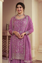 Purple Mauve Chinon Silk Palazzo Suit For Indian Festivals & Pakistani Plazo Wedding Dress - Embroidery Work - close-up view
