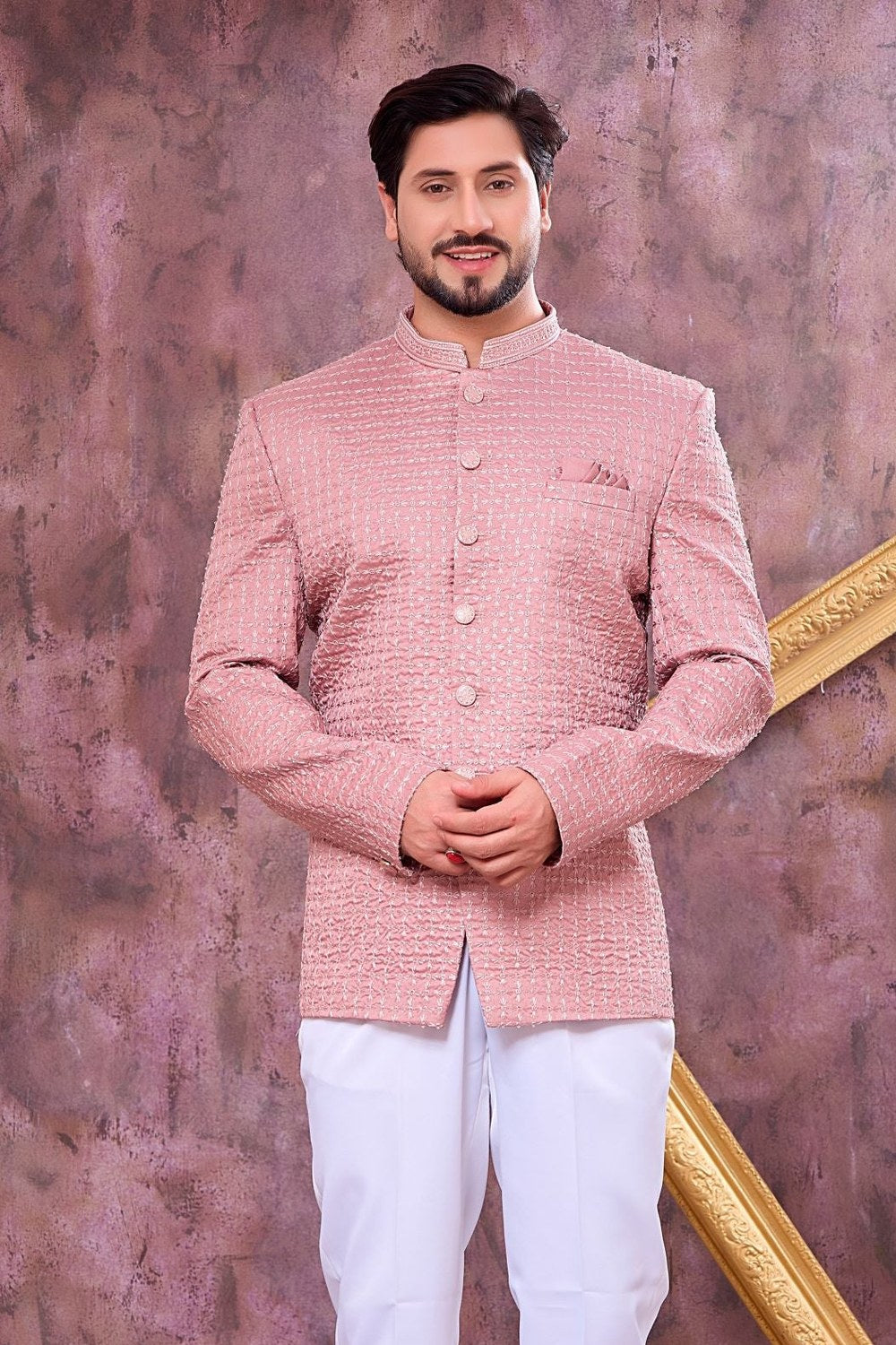Rose Art Silk Jodhpuri Suit For Men & Pant with Thread Embroidery Work - close-up view