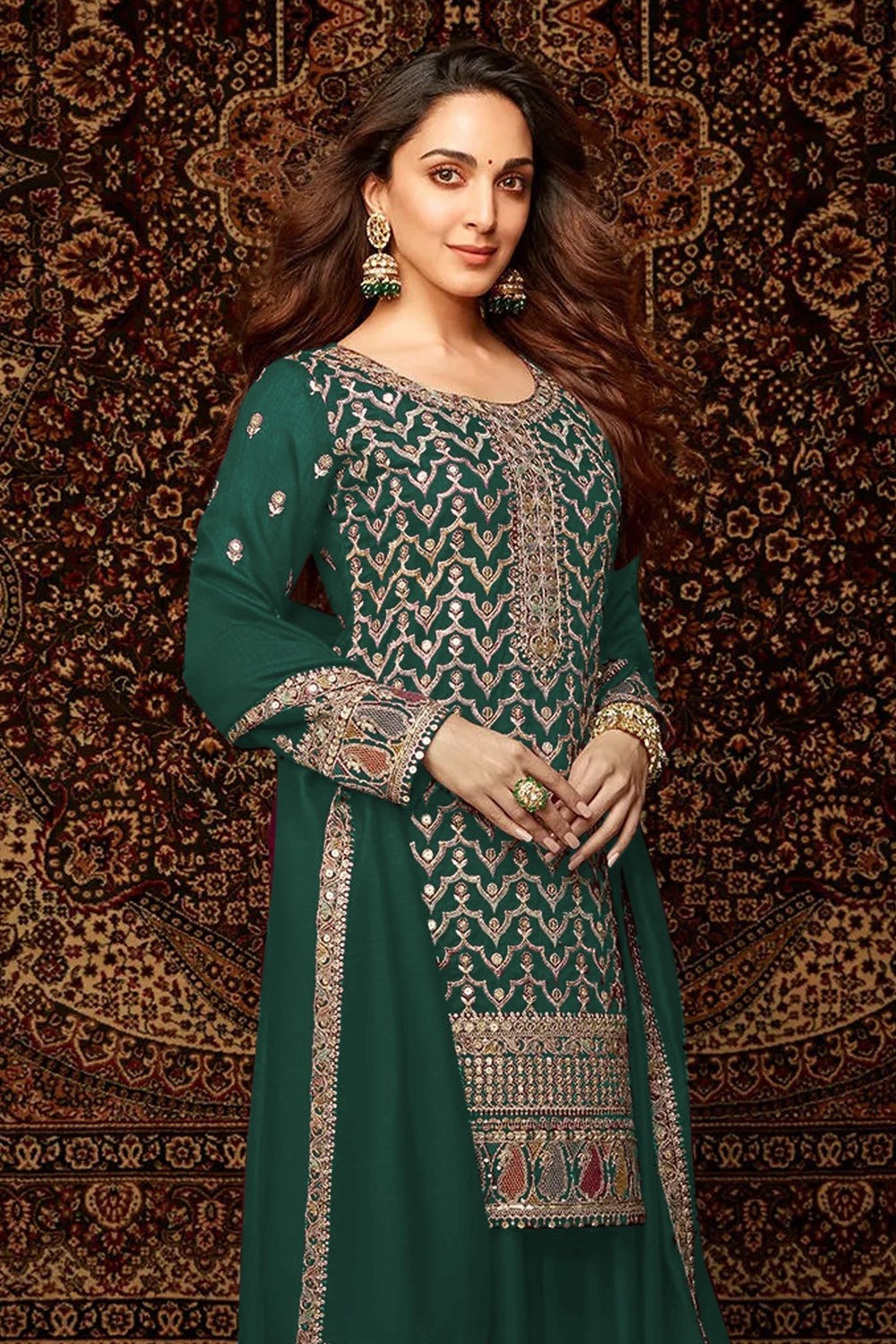 Green Chinon Silk Kameez With Palazzo Suit For Indian & Pakistani Wedding Festival - Thread & Sequence Embroidery - close-up view
