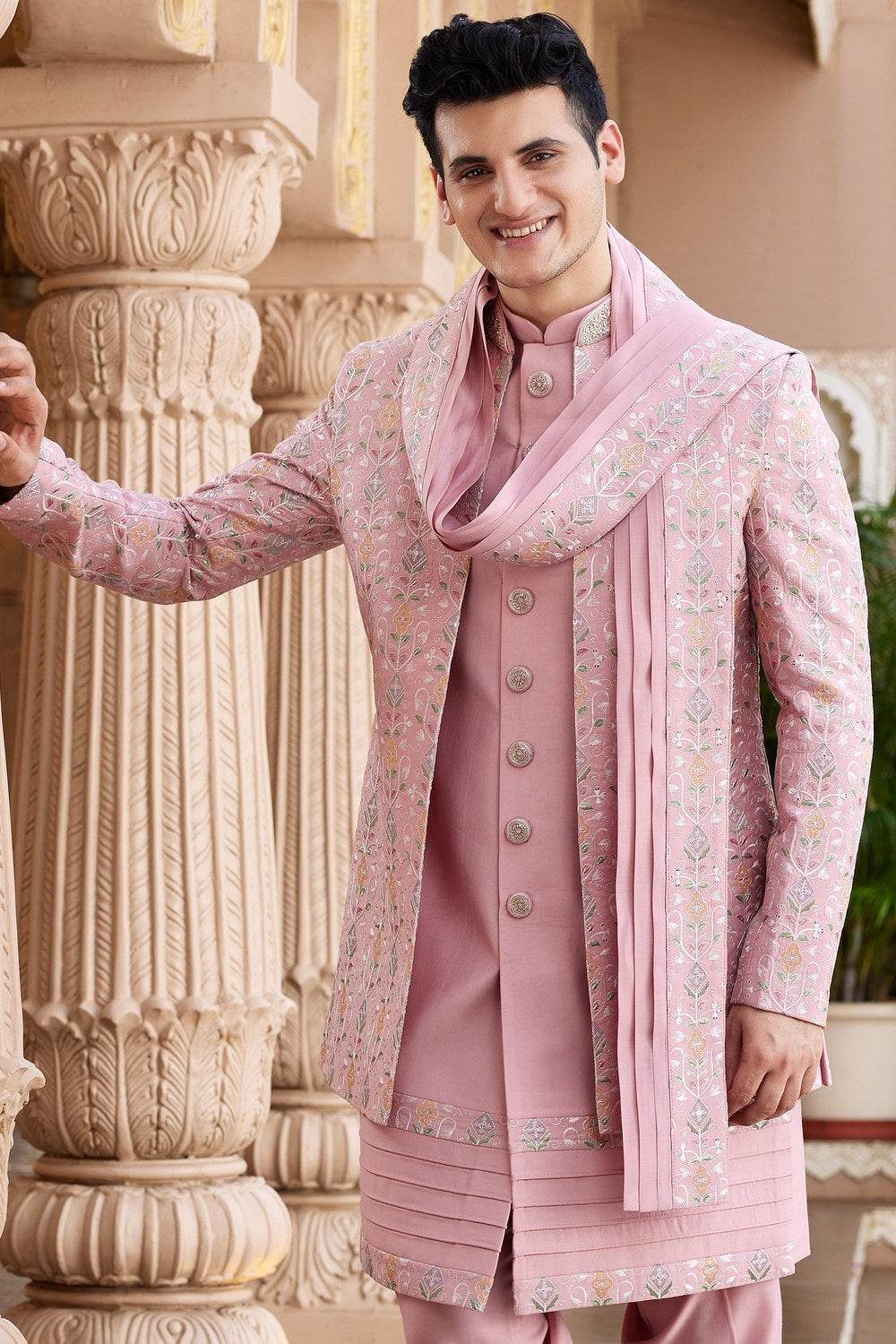 Pink Art Silk Indo Western Suit Long Kurta with Jacket, Pant & Dupatta for Men for Wedding - Thread Embroidery Work - close-up view