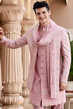 Pink Art Silk Indo Western Suit Long Kurta with Jacket, Pant & Dupatta for Men for Wedding - Thread Embroidery Work - close-up view
