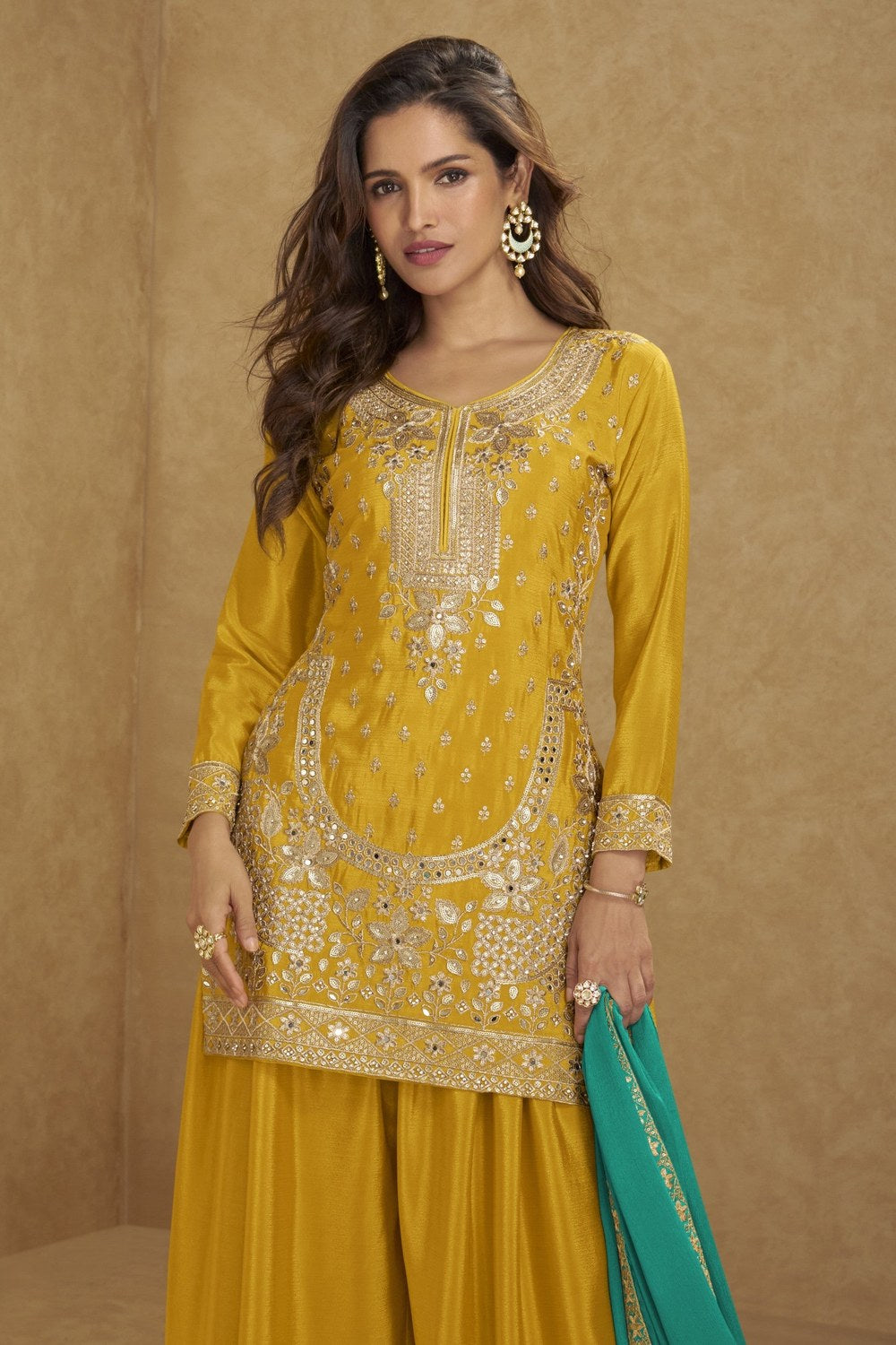 Yellow Chinon Silk Plazo Suit For Indian & Pakistani Wedding Festival - Thread Embroidery Work - close-up view