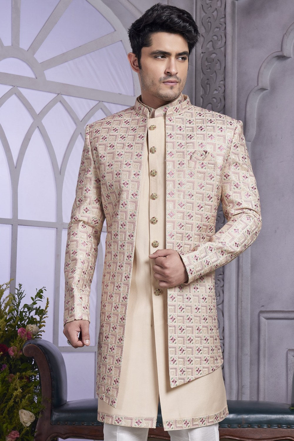Beige Art Silk Indo Western Traditional Sherwani for Men Wedding Kurta with Jacket & Pant - Embroidery Work - close-up view