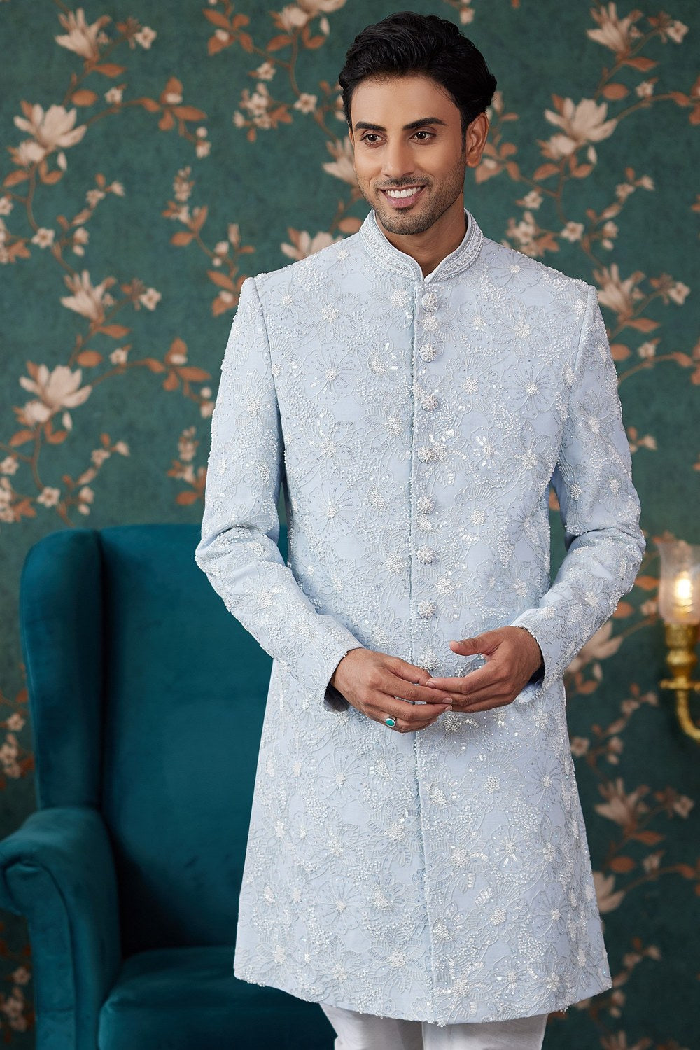 Sky Blue Art Silk Traditional Sherwani Long Kurta & Chudidar for Men for Wedding - Embroidery Work, Bead Work - close-up view