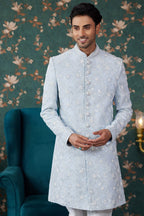 Sky Blue Art Silk Traditional Sherwani Long Kurta & Chudidar for Men for Wedding - Embroidery Work, Bead Work - close-up view