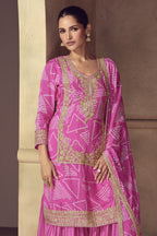 Pink Chinon Silk Sharara Suit For Indian & Pakistani Wedding Festival - Print Work, Thread & Sequins Embroider Work - close-up view