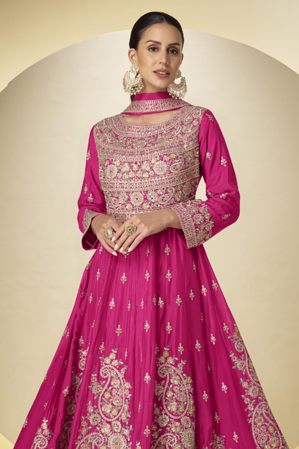 Pink Chinon Silk Kameez With Pant For Indian & Pakistani Wedding Festival - Sequins & Thread Embroidery Work - close-up view