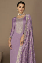 Purple Chinon Silk Kameez Pant Suit For Indian Festivals & Weddings - Thread Embroidery Work RTS - close-up view