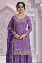 Purple Chinon Silk Indian Wedding Clothes For Guests Plazo Suit - Thread & Sequence Embroidery Work - close-up view