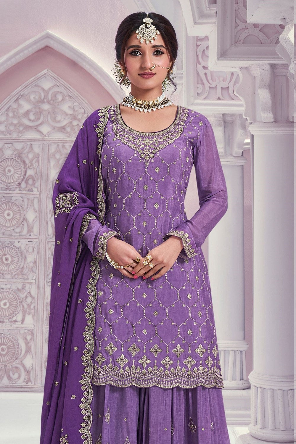 Purple Chinon Silk Indian Wedding Clothes For Guests Plazo Suit - Thread & Sequence Embroidery Work - close-up view