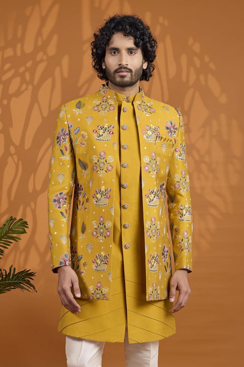 Mustard Yellow 3 Piece Thread Work Sherwani for Men Wedding - close-up view