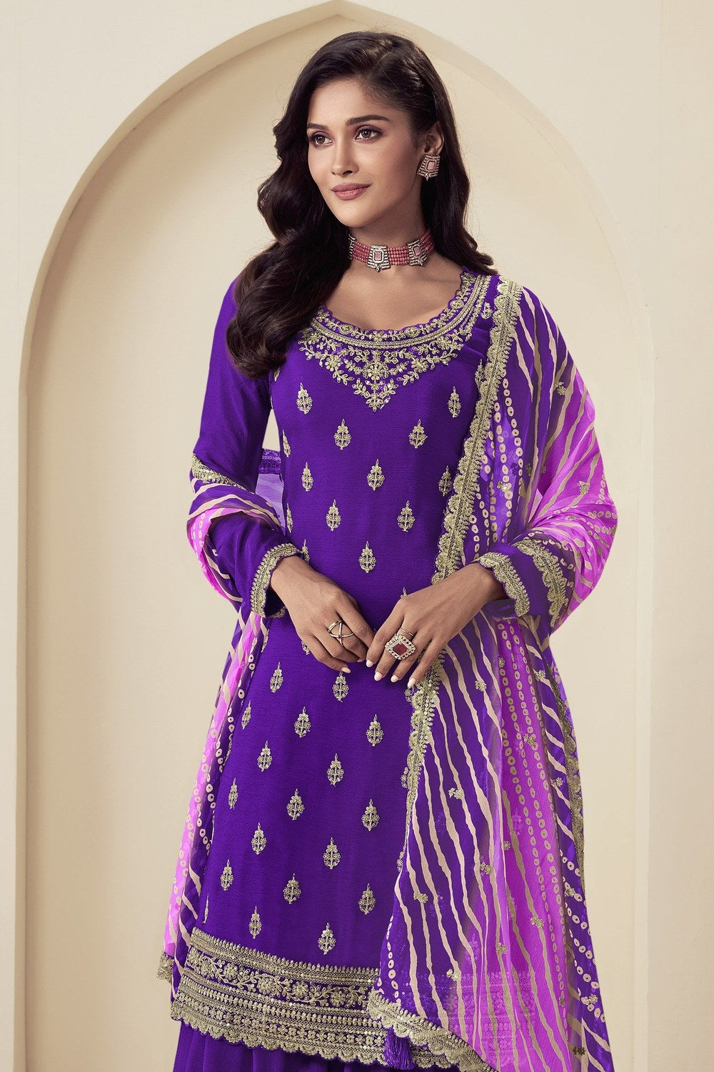 Purple Chinon Silk Palazzo Suit For Indian Wedding & Pakistani Festival - Embroidery Work, Print Work - close-up view