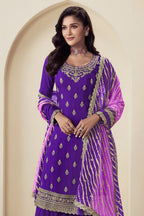 Purple Chinon Silk Palazzo Suit For Indian Wedding & Pakistani Festival - Embroidery Work, Print Work - close-up view