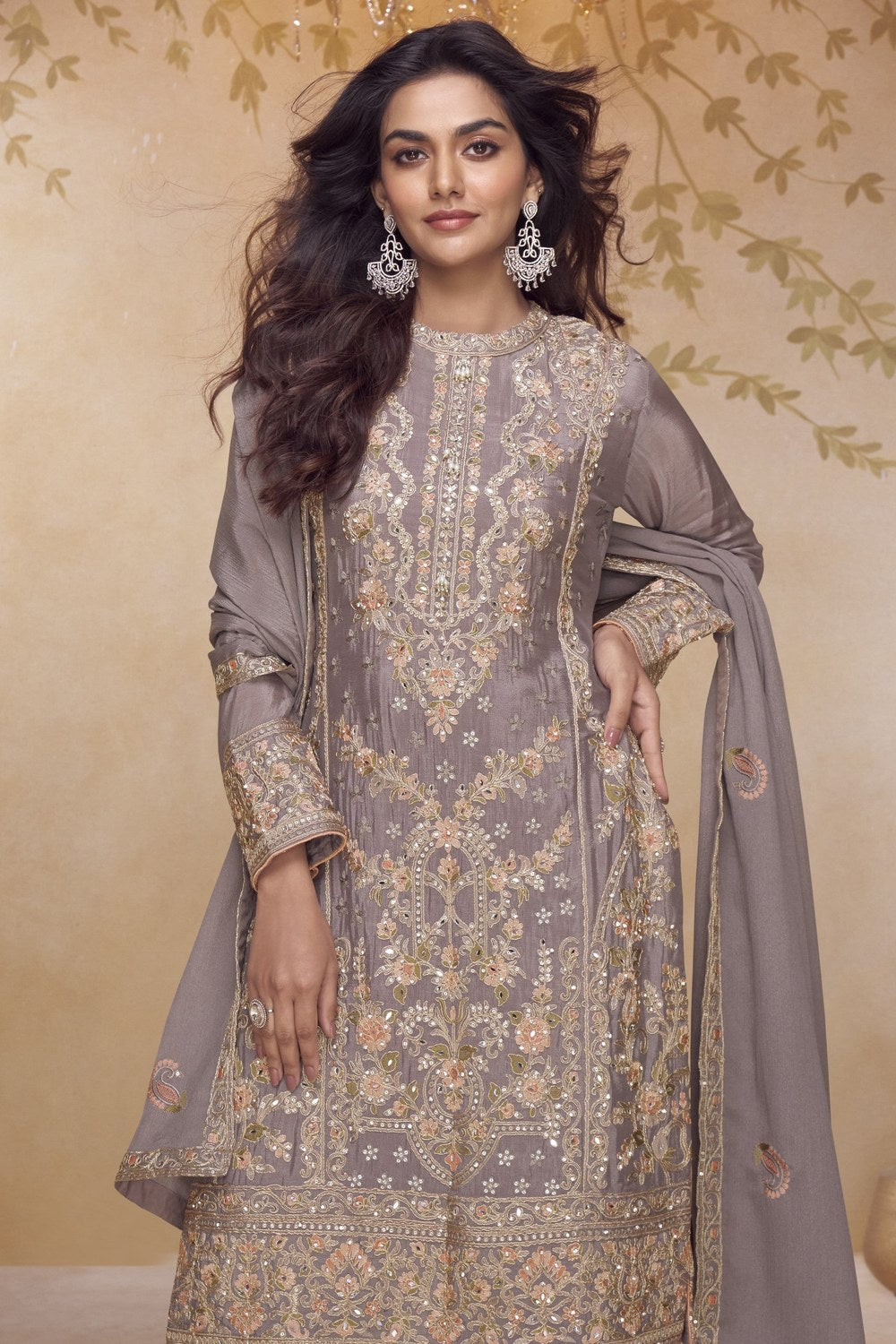 Festival Wear Dusty Purple Chinon Silk Kameez with Palazo in Embroidery & Mirror Work - close-up view