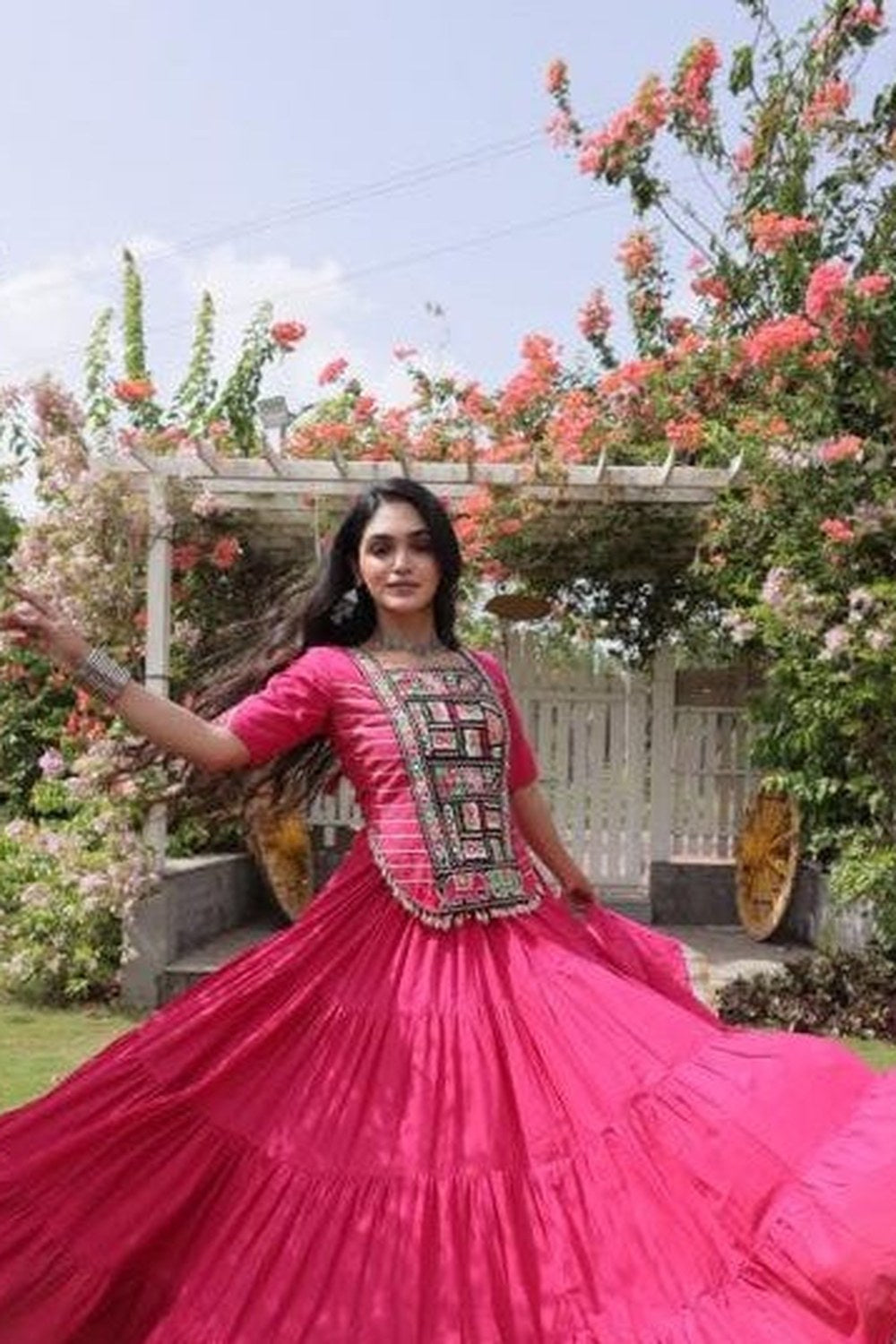 Pink Chaniya Choli for Navratri with Traditional Kutchi Patchwork - close-up view