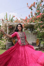 Pink Chaniya Choli for Navratri with Traditional Kutchi Patchwork - close-up view