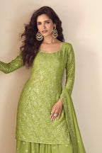 Lime Green Georgette Latest Plazo Design for Wedding with Embroidery - close-up view