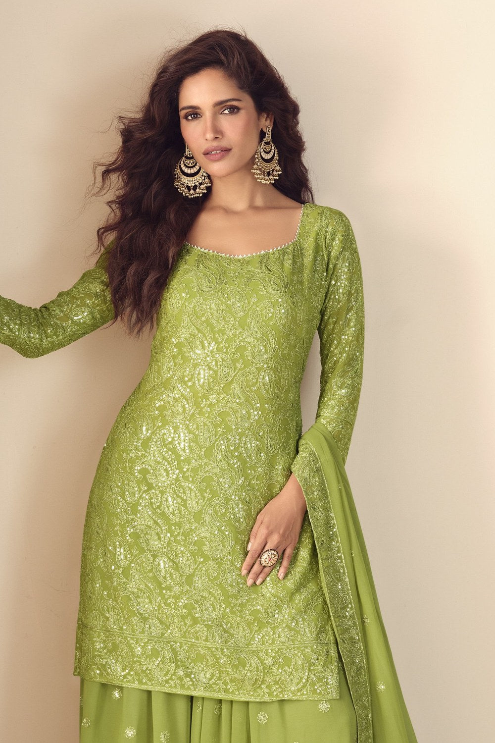 Lime Green Georgette Latest Plazo Design for Wedding with Embroidery - close-up view