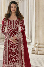 Reddish Maroon Net Kameez Plazzo Suit For Indian Wedding & Pakistani Festival Dress - Embroidery Work - close-up view