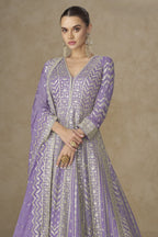 Purple Chinon Silk Anarkali Suit For Indian & Pakistani Wedding Festival - Thread Sequence Embroidery - close-up view