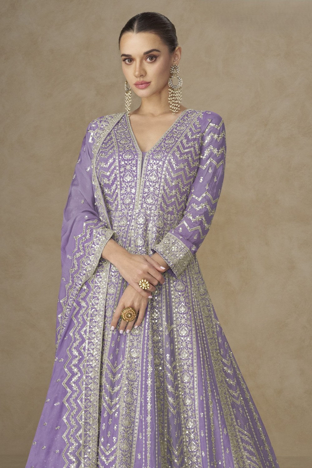 Purple Chinon Silk Anarkali Suit For Indian & Pakistani Wedding Festival - Thread Sequence Embroidery - close-up view