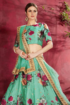 Sea Green Banglori Silk Flower Lehenga Choli For Indian & Pakistani Wedding Festival - Sequins Embroidery Work, Dori Work, Zari Work, Print Work - close-up view