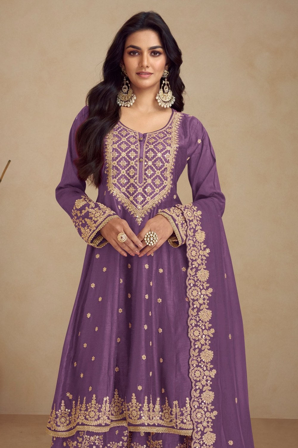 Purple Chinon Silk Plazo Suit For Indian Weddings & Pakitani Festival - Embroidery Work - close-up view