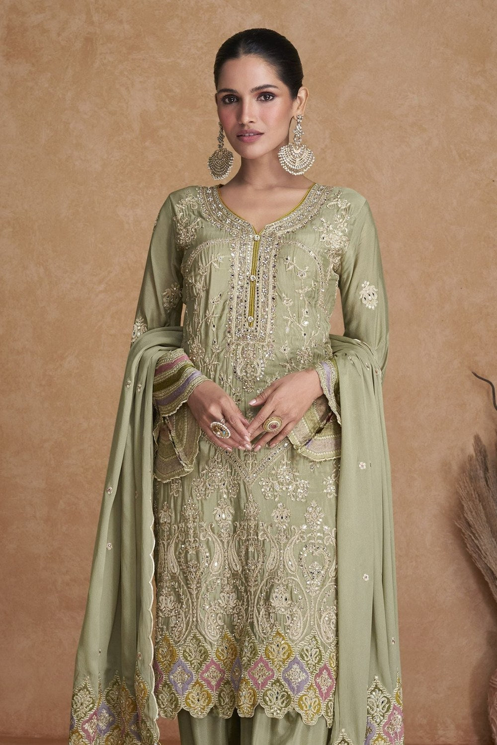 Light Green Chinon Silk Palazzo Suit For Indian Weddings & Pakitani Festival - Embroidery Work - close-up view