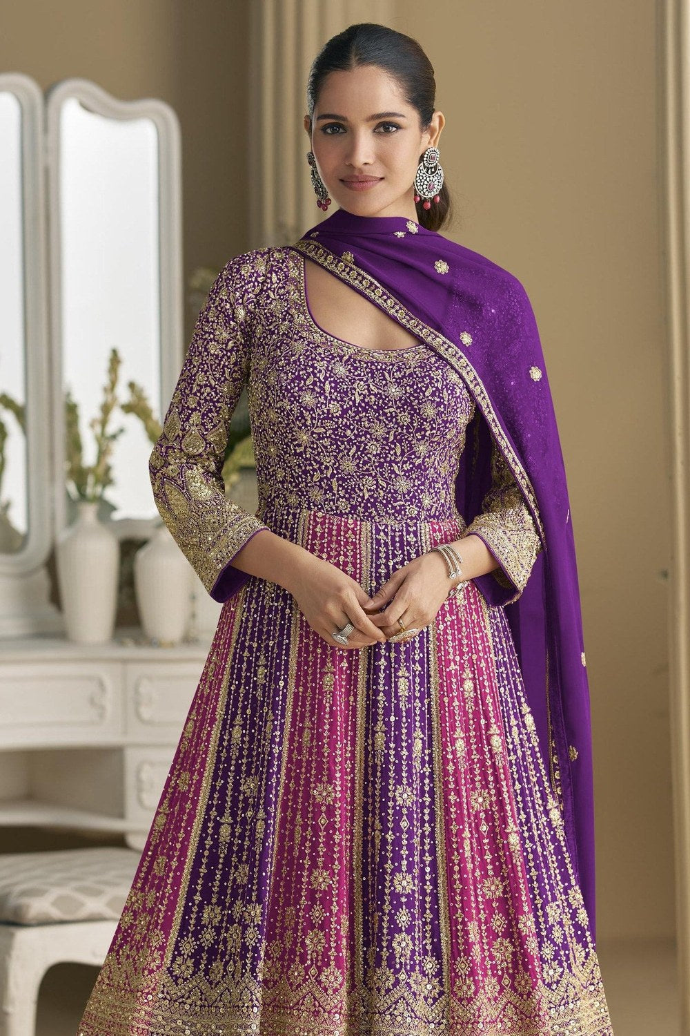 Purple Georgette Anarkali Suit For Indian & Pakistani Wedding Festival - Sequins & Thread Embroidery Work - close-up view