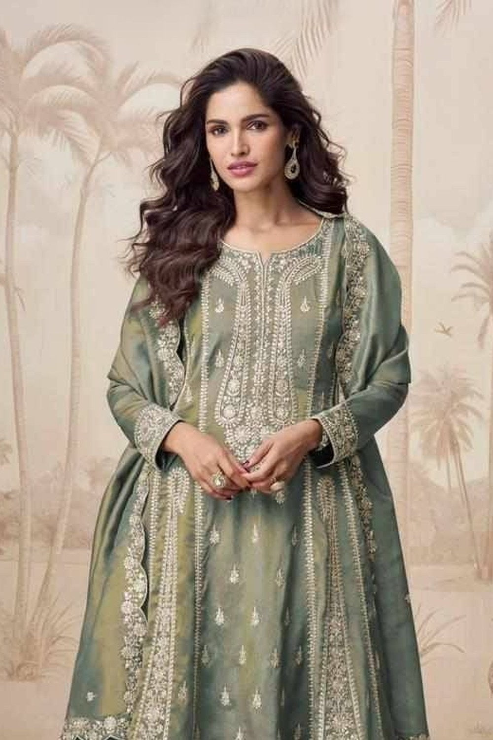 Olive Green Simmer Silk Kameez With Pant For Indian & Pakistani Wedding Festival - Embroidery Work - close-up view