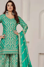 Green Chinon Silk Plazo Suit For Indian Weddings & Pakitani Festival - Embroidery Work, Mirror Work - close-up view