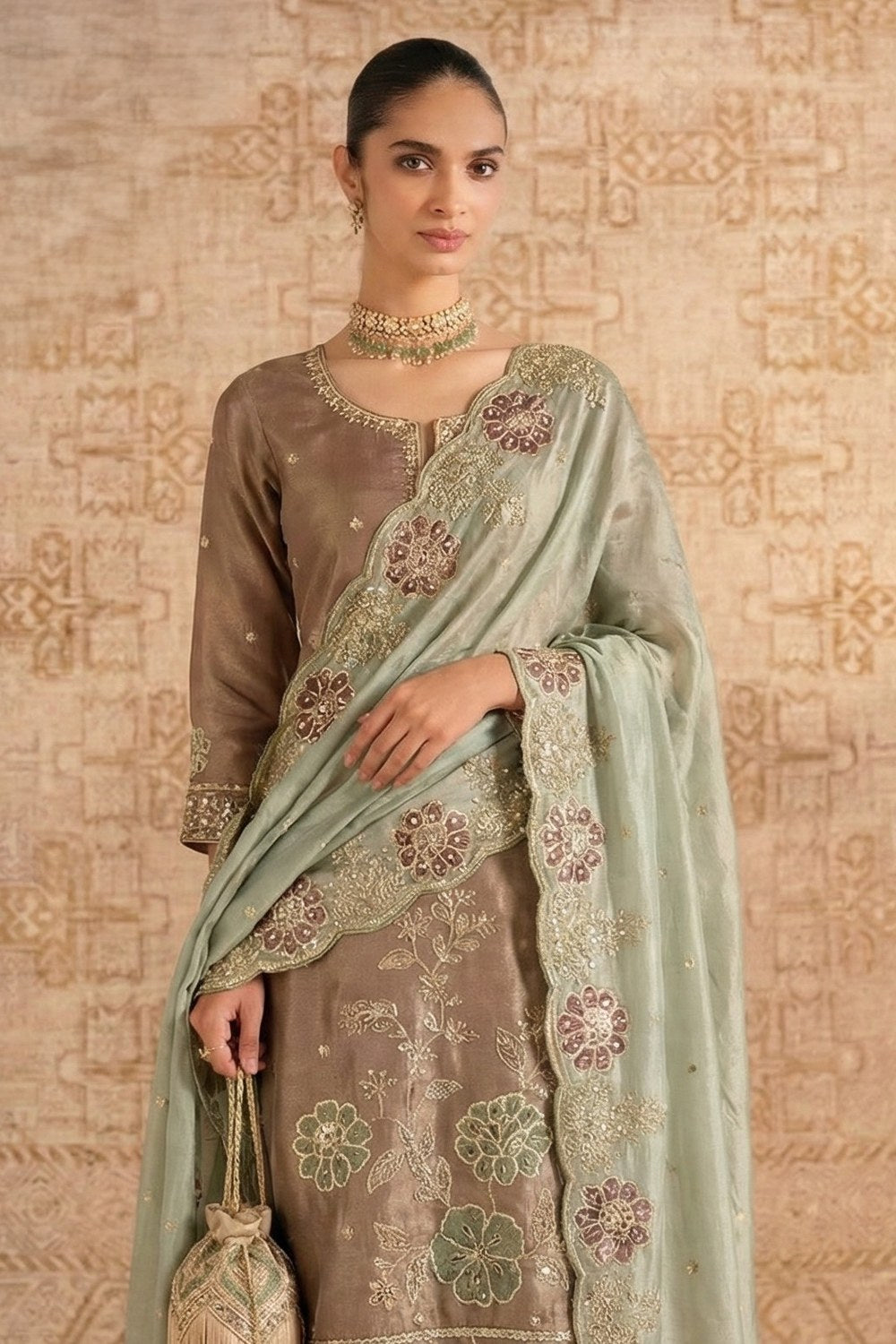 Coffee Shimmer Silk Female Kameez with Pant - Embroidery Work - close-up view