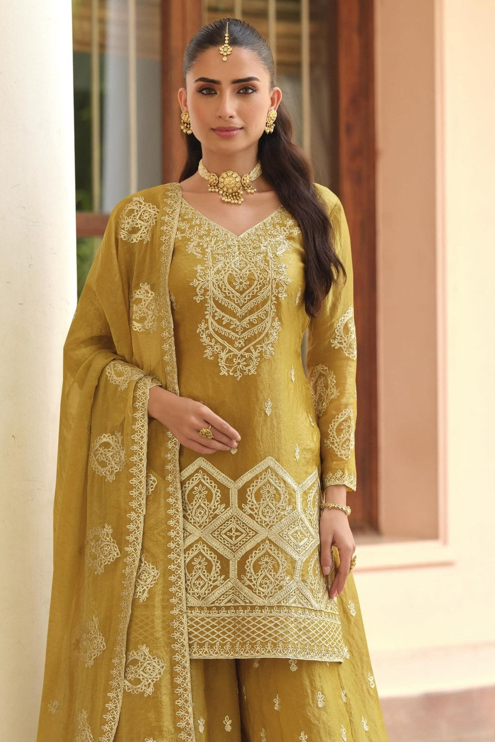 Yellow Golden Premium Tora Silk Palazzo Haldi Suit For Indian & Pakistani Wedding Festival - Patti Work - close-up view