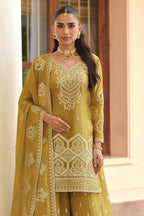 Yellow Golden Premium Tora Silk Palazzo Haldi Suit For Indian & Pakistani Wedding Festival - Patti Work - close-up view