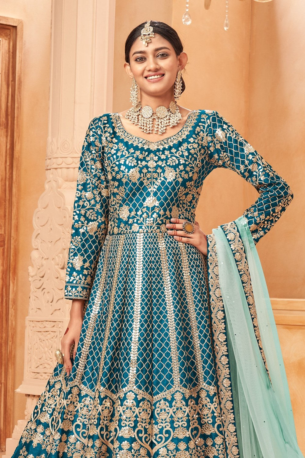Teal Art Silk Anarkali Pakistani Dresses Traditional With Thread Work - close-up view