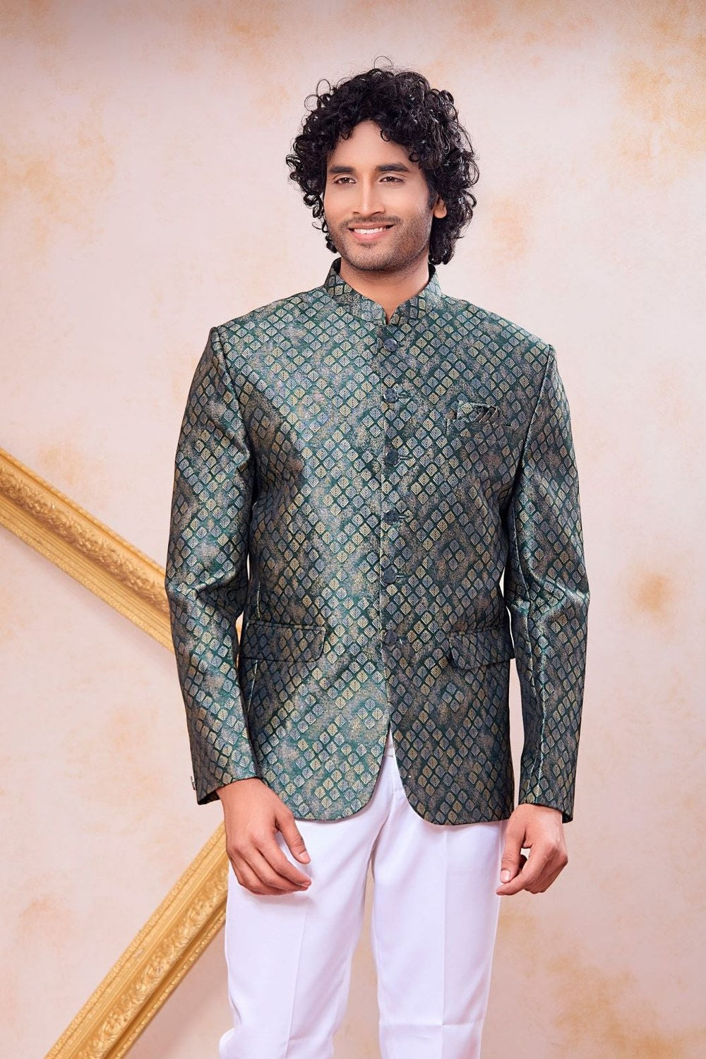 Dusty Teal Jodhpuri & Pant for India Traditional Clothing Men - Jacquard Weaving - close-up view