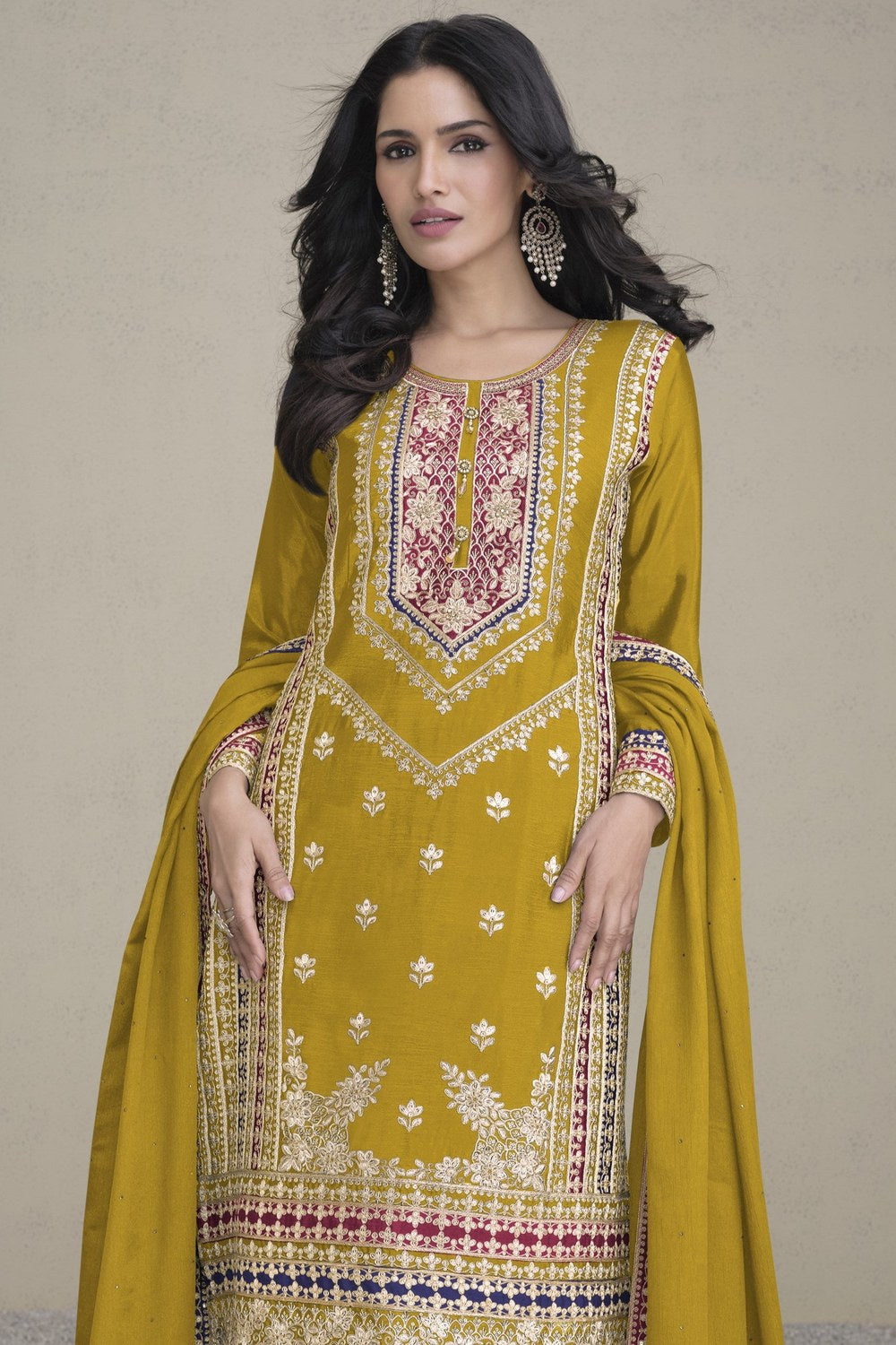 Mustard Chinon Silk Palazzo Suit For Indian Weddings & Pakitani Festival - Embroidery Work - close-up view