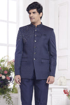 Navy Blue Jacquard Silk Traditional Jodhpuri Suits with Pant for Men for Wedding - Embroidery Work - close-up view